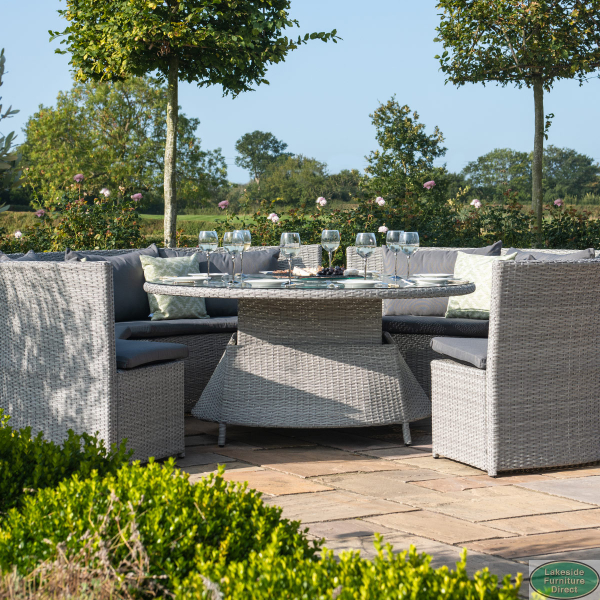 Ascot Rattan Round Sofa Dining Set with Rising Table Weatherproof Cushions