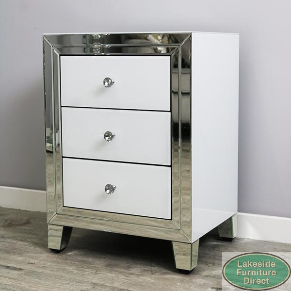 White Glass and Mirrored 3 Drawer Bedside Cabinet