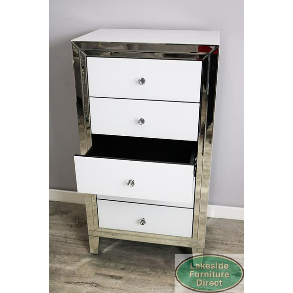 White Glass and Mirrored Tallboy Lakeside Furniture Direct